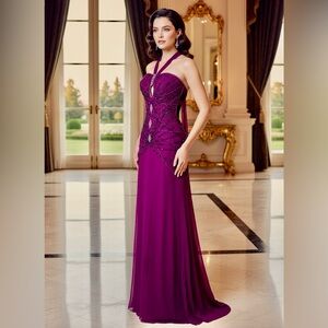Elegant magenta hand beaded Attitudes by Debra Evening‎ Gown